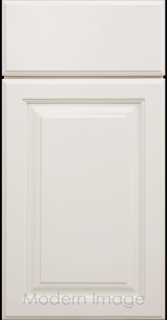 Hampton kitchen cabinets featuring raised panel doors and flat slab drawer fronts in a Frost White color.